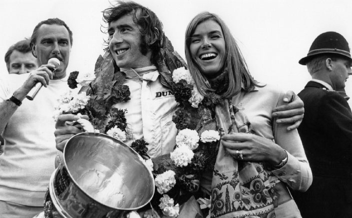 Sir Jackie and Lady Helen Stewart celebrate the Grand Prix of Great Britain, 1969 CREDIT: Hulton Archive